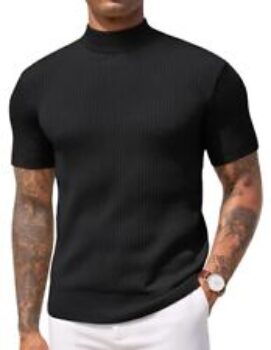 COOFANDY Men's Black Mock Turtleneck Sweater Short Sleeve Casual Basic Sweate