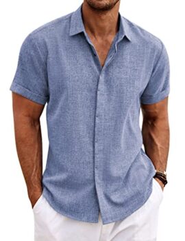 COOFANDY Men's Linen Shirt Casual Shirts Short Sleeve Shirts Button Down Linen Beach Shirts for Men Summer Outfit Denim Blue