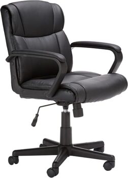 Amazon Basics Office Computer Task Desk Chair with Padded Armrests, Mid-Back, Adjustable, 360 Swivel, Rolling, 275 Pound Capacity, BIFMA Certified, 24.2"D x 24"W x 34.8"H, Black Faux Leather