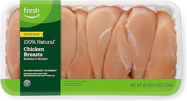 Amazon Fresh Brand, Chicken Breast Fillets Value Pack, 100% Natural, Boneless Skinless, 5 Lb