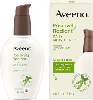 Aveeno Positively Radiant Daily Face Moisturizer with SPF 15 Sunscreen, Hydrating Facial Moisturizer with Soy Extract to Improve Skin Tone and Texture, Hypoallergenic Formula, Oil-Free, 4 FL OZ