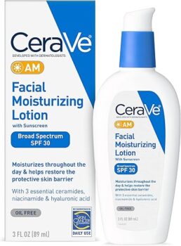 CeraVe AM Facial Moisturizing Lotion with SPF 30 | Oil-Free Face Moisturizer with SPF | Formulated with Hyaluronic Acid, Niacinamide & Ceramides | Non-Comedogenic | Broad Spectrum Sunscreen | 3 Ounce