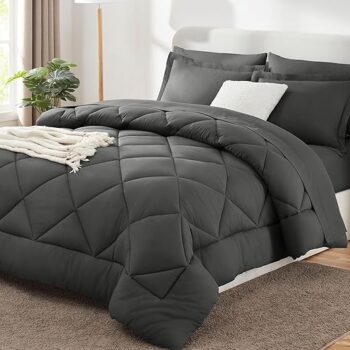 CozyLux King Bed in a Bag 7-Pieces Comforter Sets with Comforter and Sheets Dark Grey All Season Bedding Sets with Comforter, Pillow Shams, Flat Sheet, Fitted Sheet and Pillowcases