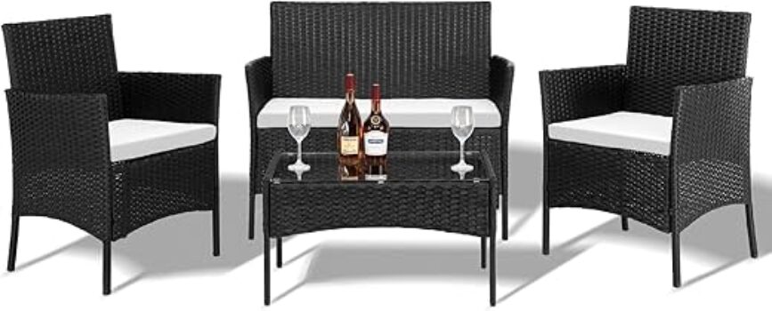 Outvita 4 Pieces Patio Furniture Set, Rattan Conversation Sets with Loveseat Soft Cushion and Glass Table for Garden Backyard Balcony Porch Poolside(Black)