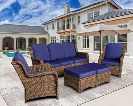 Patio Furniture Set Rattan Outdoor Sectional Conversation Sets 3-Seat Outdoor Couch,2 Single Chair and 2 Ottoman for Lawn, Balcony, Garden, Backyard (Brown-Navy, Set of 5)