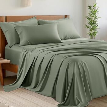 Shilucheng 6-Piece King Size Sheets Set，Blend of 60% Rayon Derived from Bamboo_ and 40% Polyester，Cooling Bed Sheets, Silky Bedding Sheets & Pillowcases, 16 Inch Deep Pockets (King,Sage Green)