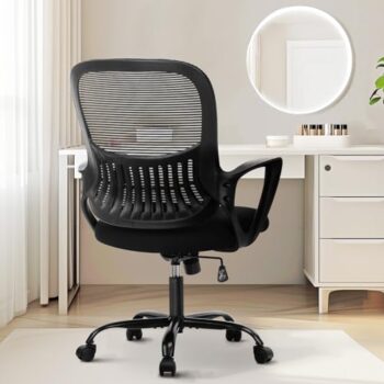 Sweetcrispy Office Computer Desk Managerial Executive Chair, Ergonomic Mid-Back Mesh Rolling Work Swivel Chairs with Wheels, Comfortable Lumbar Support, Comfy Arms for Home,Bedroom,Study,Student,Black