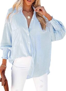 Women's Smocked Cuffed Striped Boyfriend Shirt with Pocket Casual Collar Long Sleeve Blouse Tops for Pocket Shirred